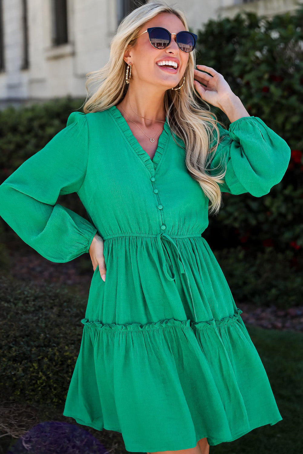 Sea Green Frilly V Neck Puff Sleeve Drawstring Shift Mini Dress