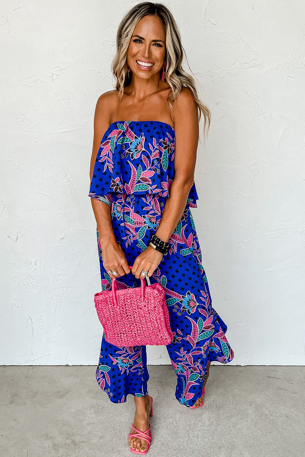 Blue Mix Tropical Print Strapless Ruffled Jumpsuit