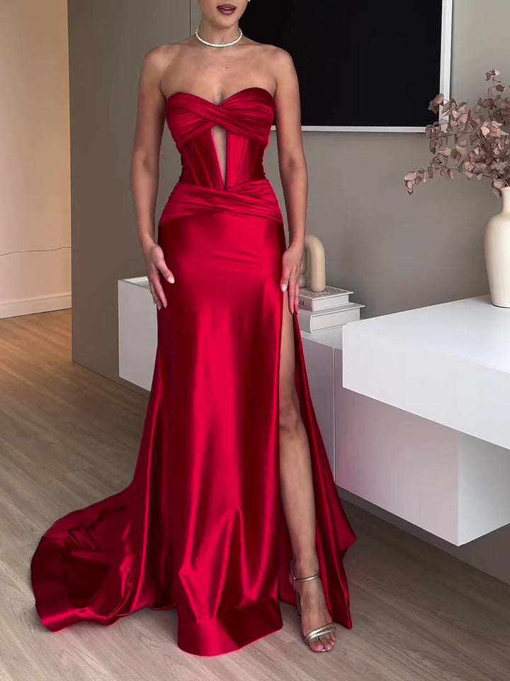 Tube Top Slit Red Extra Long Evening Dress