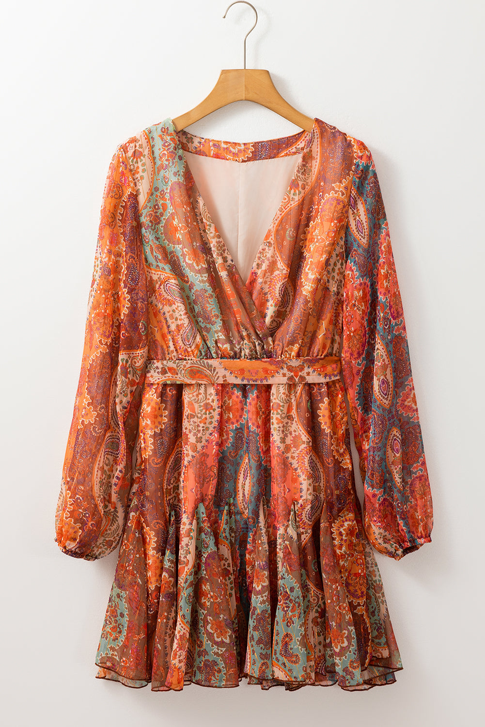 Orange Boho Paisley Print Long Sleeve Pleated Belted Mini Dress