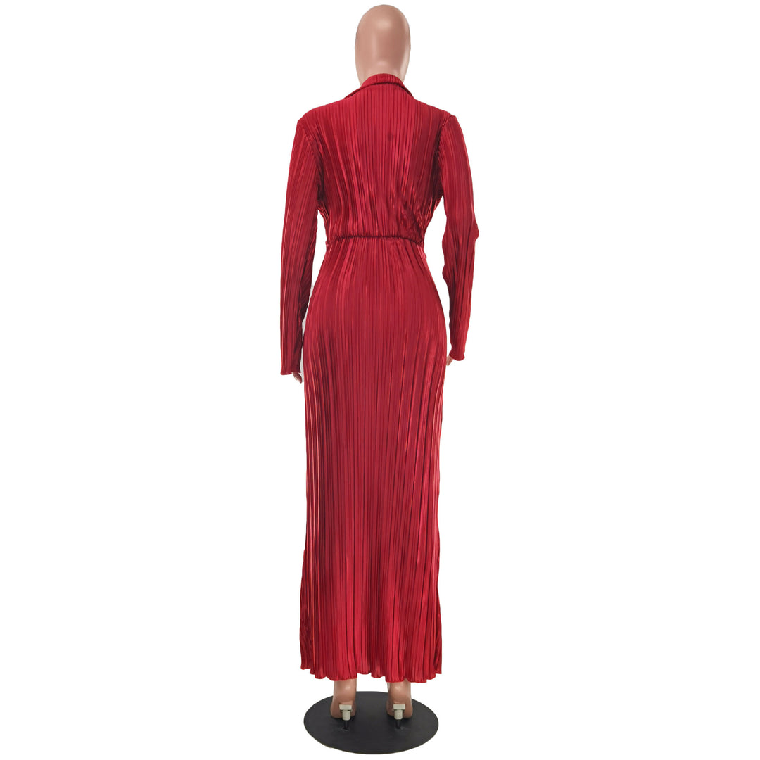 European And American Slit Dress Autumn And Winter New V-neck Long Sleeve Pleated Dress