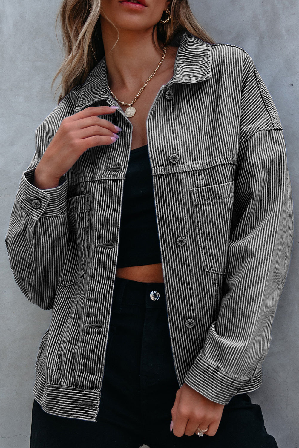 Blue Stripe Washed Oversize Pocketed Denim Jacket