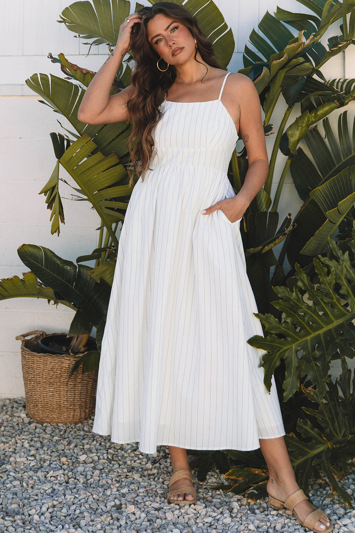 Beige Stripe Spaghetti Strap Pocketed High Waist Maxi Dress