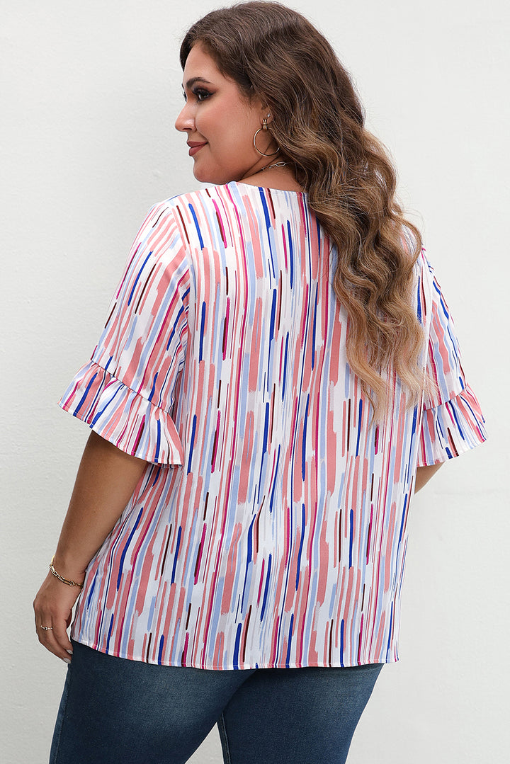 White Stripe Ruffled Short Sleeve Plus Size Blouse