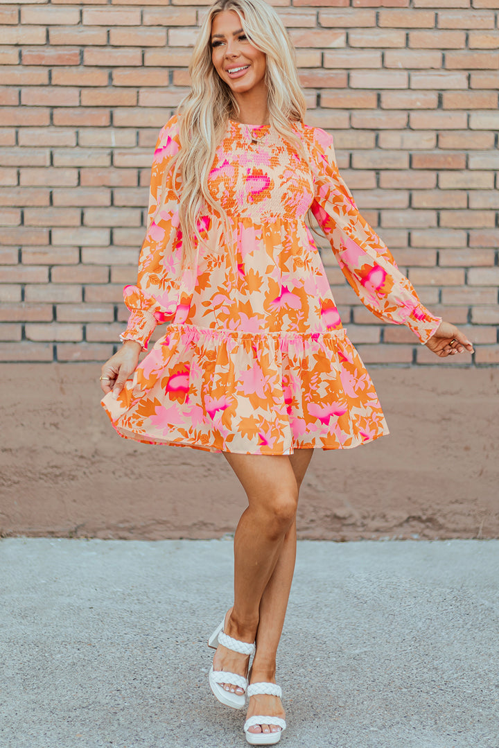 Orange Abstract Print Smocked Lantern Sleeve Ruffle Mini Dress