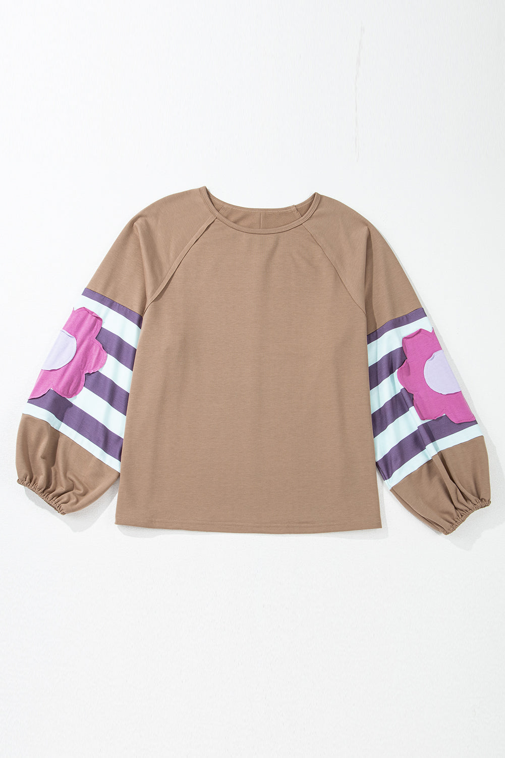 Light French Beige Flower Striped Patchwork Puff Sleeve Loose Sweatshirt