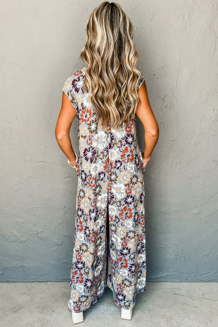 Sky Blue Floral Sleeveless Buttoned Pocketed Wide Leg Jumpsuit