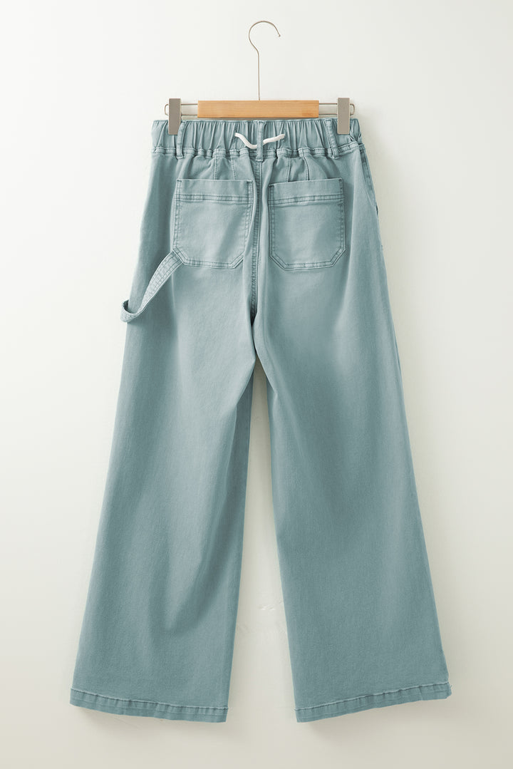 Smoke Green Mineral Wash Drawstring High Waist Wide Leg Jeans