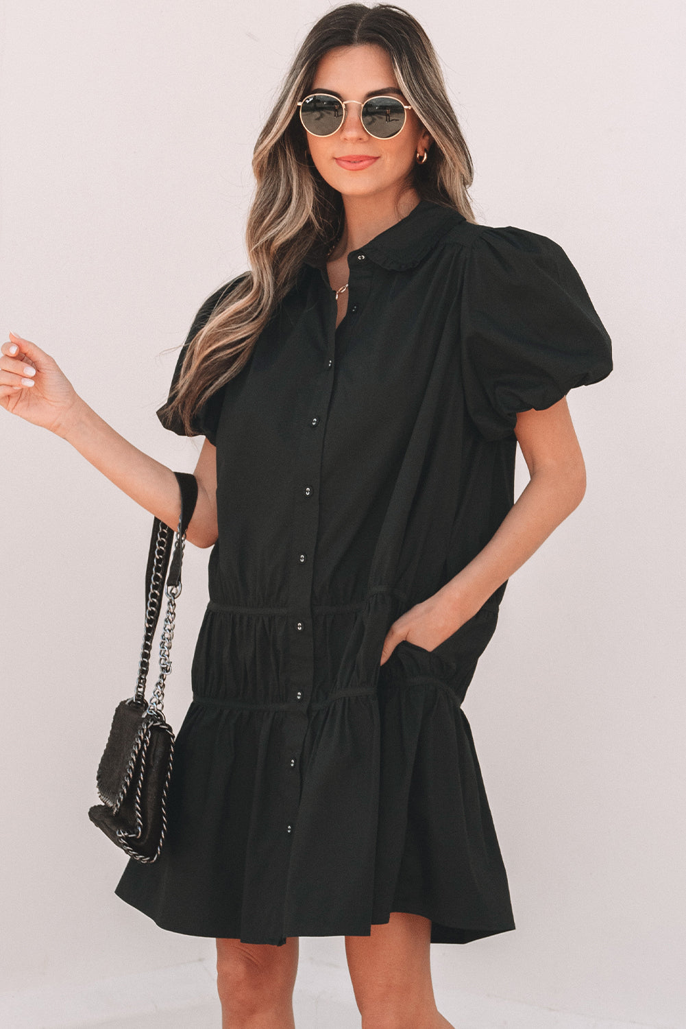 Black Shirt Style Button Down Puff Sleeve Ruffle Hem Dress