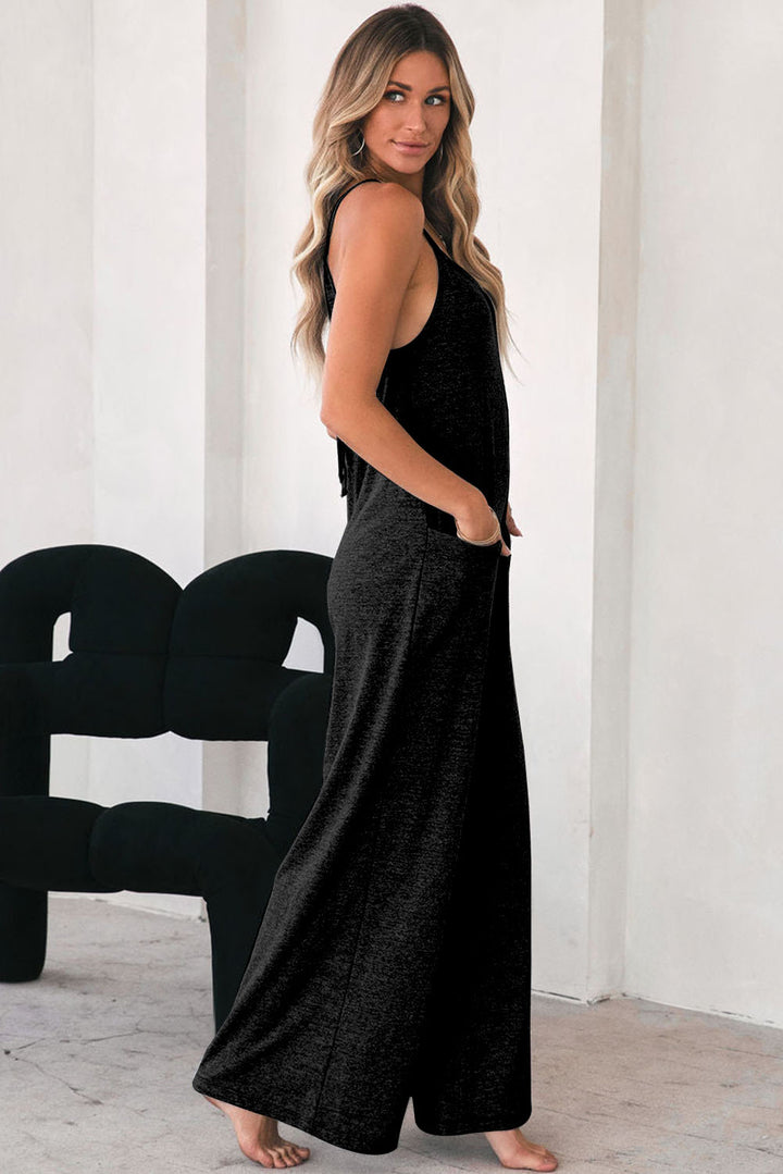 Black Patch Pockets Spaghetti Strap Wide Leg Jumpsuit