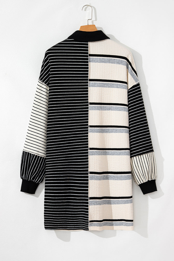 Black Stripe Colorblock Knit Henley Collar Shift Long Sleeve Mini Dress