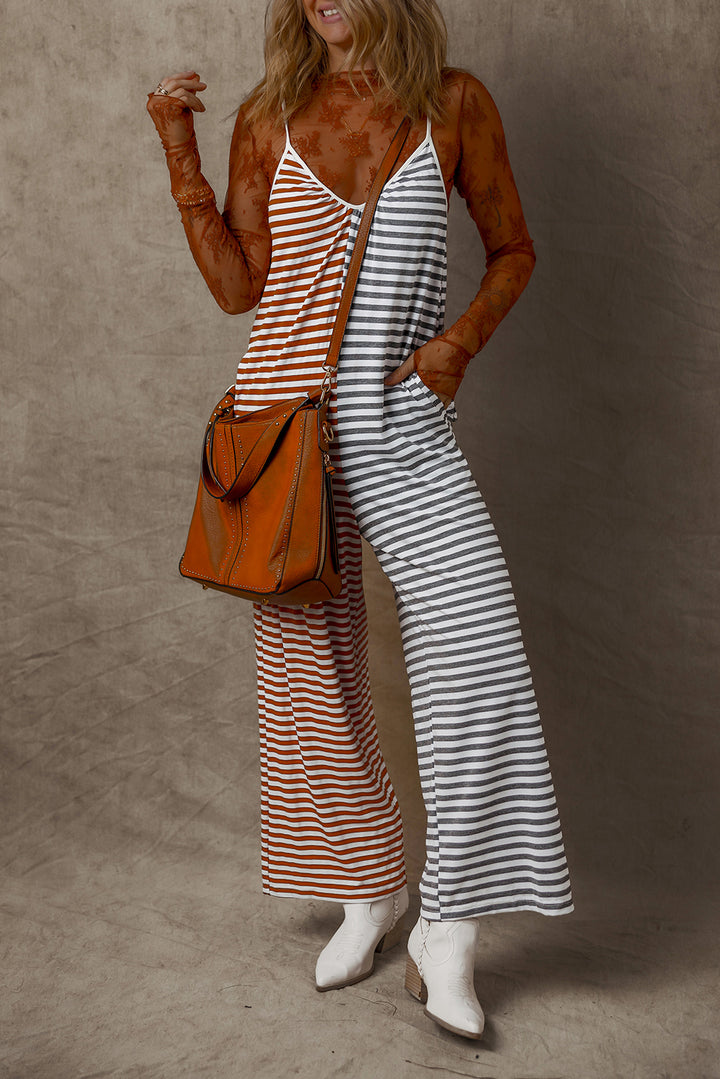 Yellow Stripe Two Tone Contrast Spaghetti Strap Backless Overall