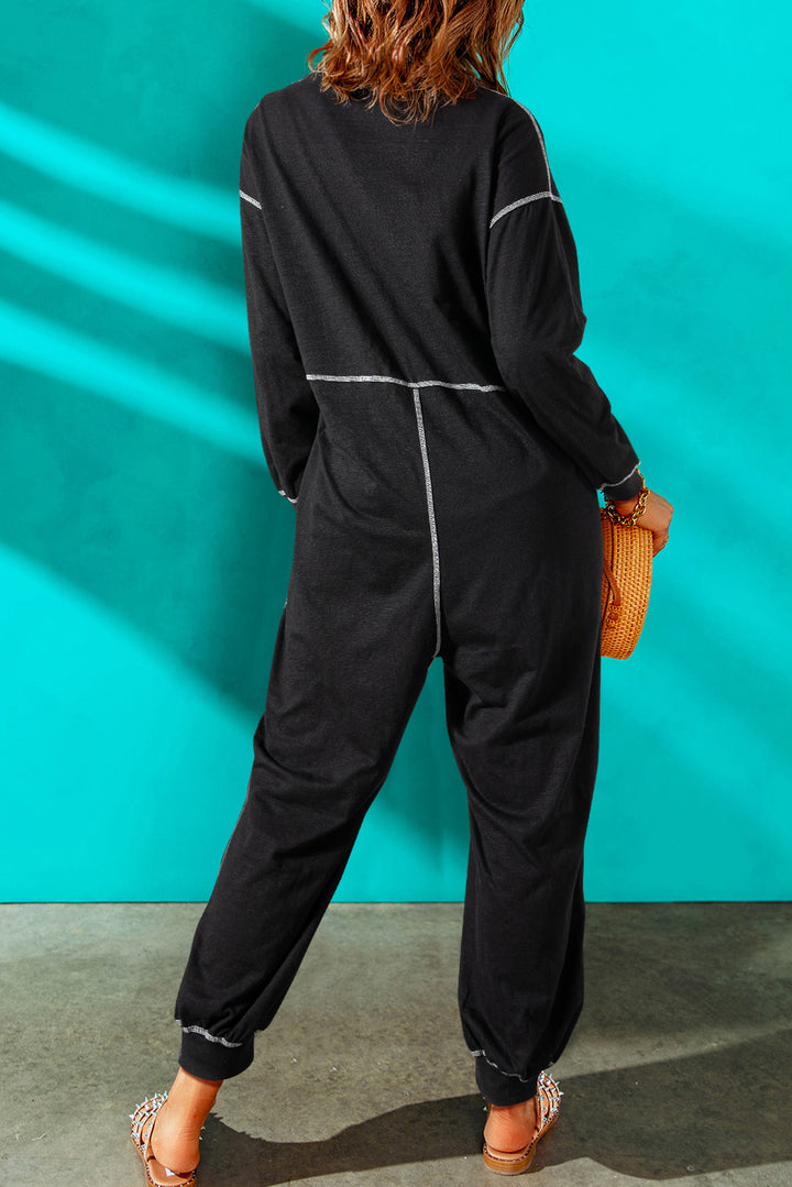 Black Flatlock Seam Detail V Neck Baggy Jumpsuit