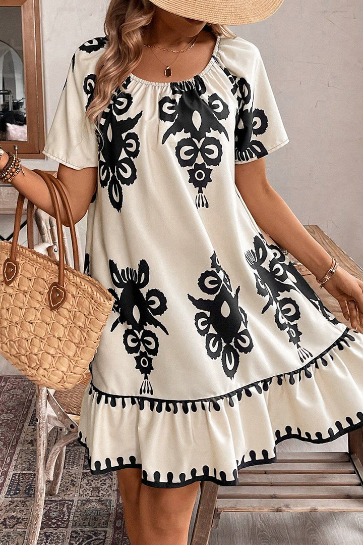 Apricot Western Print Ruffled Short Sleeve Loose Dress