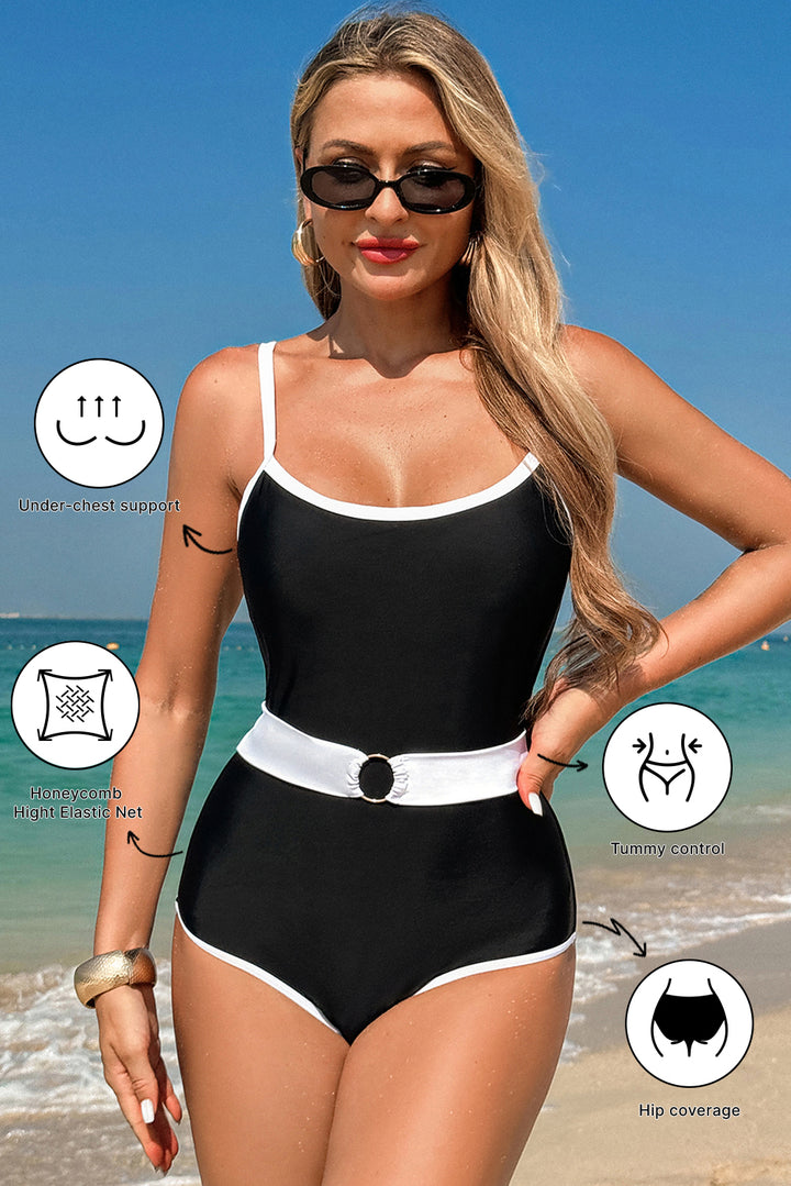 Black Contrast Trim Two Tone Belted One Piece Swimsuit