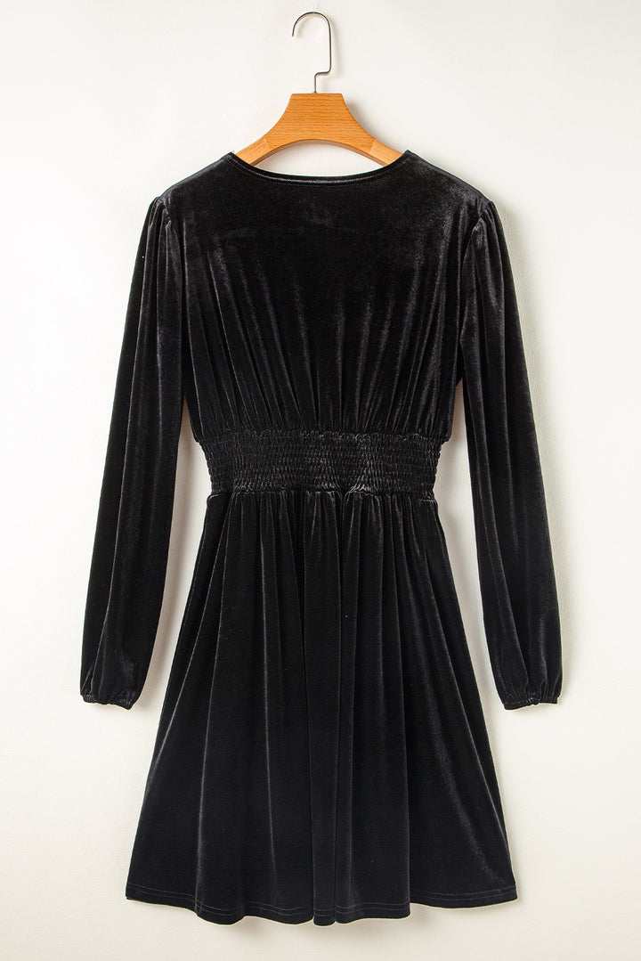 Black Velvet Long Sleeve Surplice High Waist Mini Dress