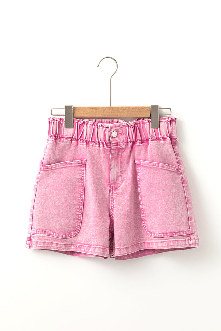 Strawberry Pink Elastic High Waisted Denim Shorts