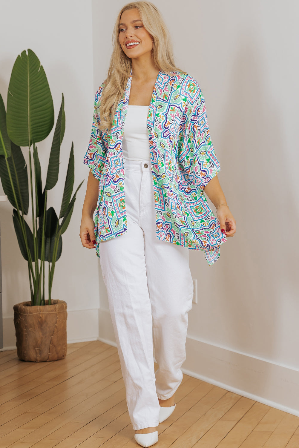 White Boho Floral Printed Rhinestone 3/4 Sleeve Open Front Kimono