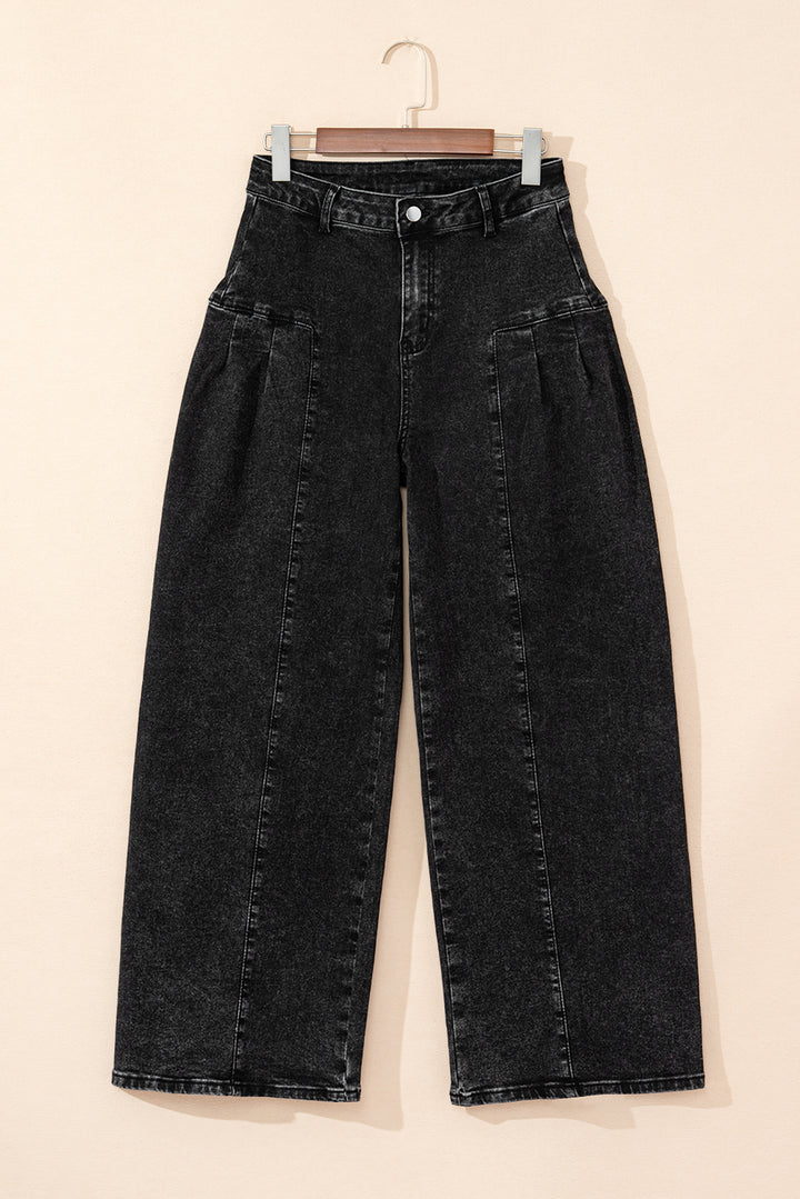 Dark Grey Pleated Wide Leg Mineral Wash Denim Pants