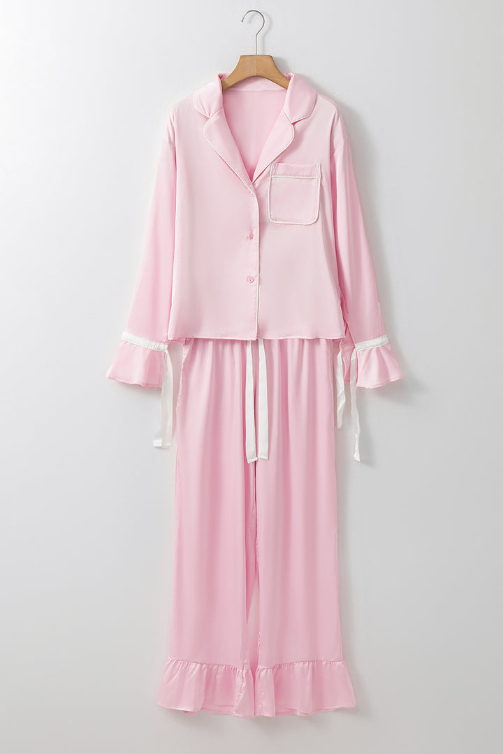 Light Pink Satin Knot Accent Shirt and Ruffled Pants Lounge Set