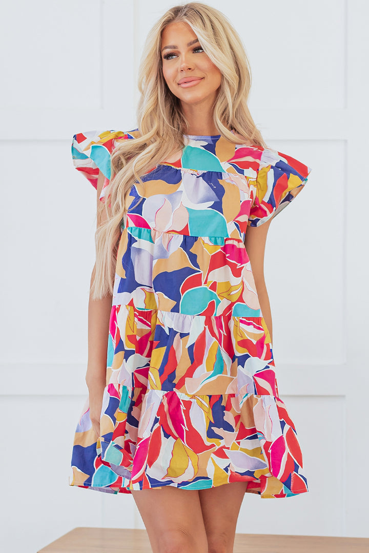 Pink Abstract Printed Ruffled Flutter Sleeve Tiered Mini Dress