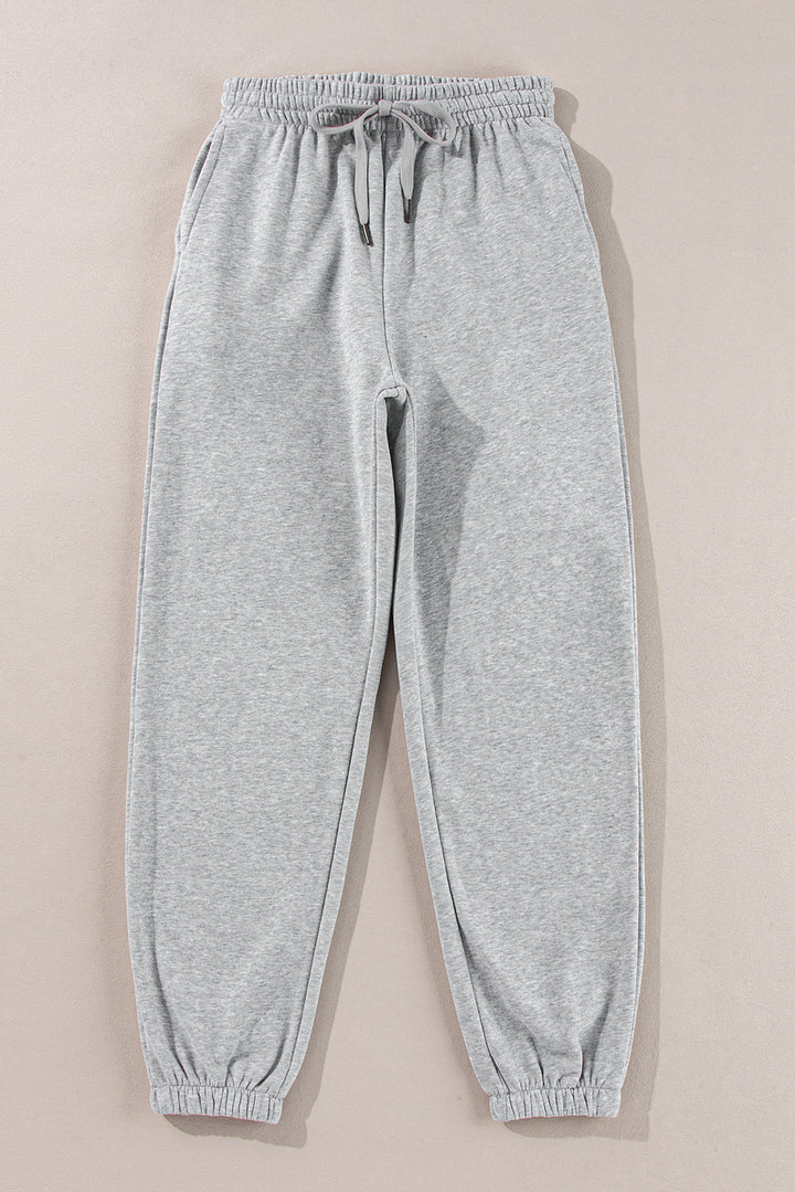 Light Grey Solid Color Fleece Lined Drawstring Waist Joggers