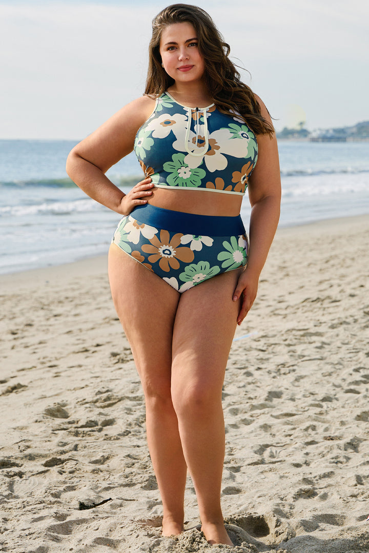 Green Floral Printed Zipped Plus Size Two Pieces Bikini