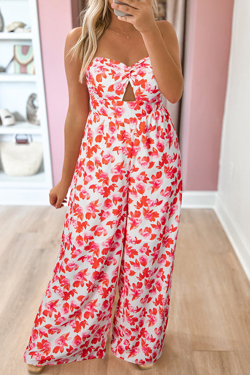 Pink Floral Print Twisted Bandeau Keyhole Pleated Wide Leg Jumpsuit