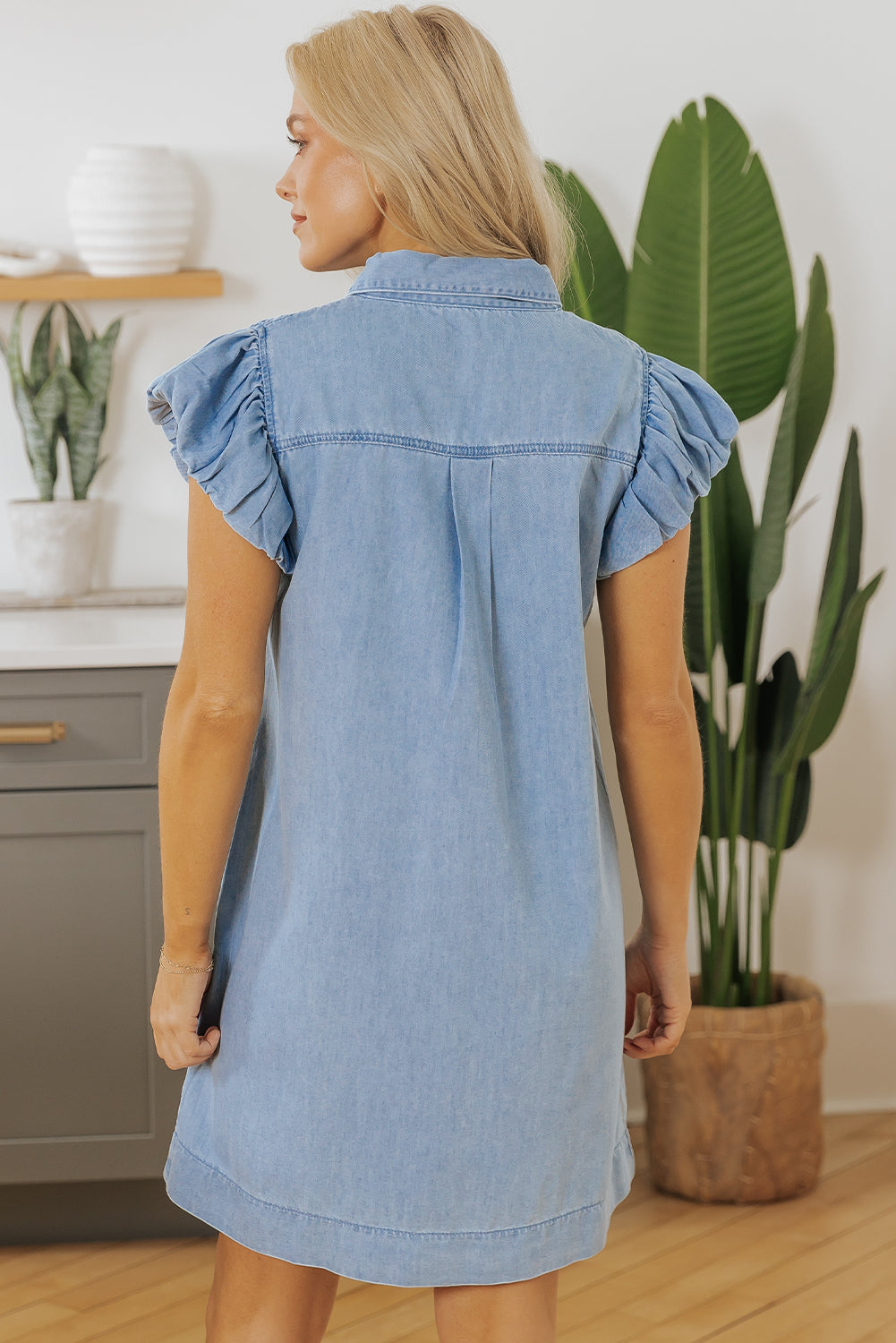 Beau Blue Flutter Sleeve Shirred Detail Button Up Denim Mini Dress