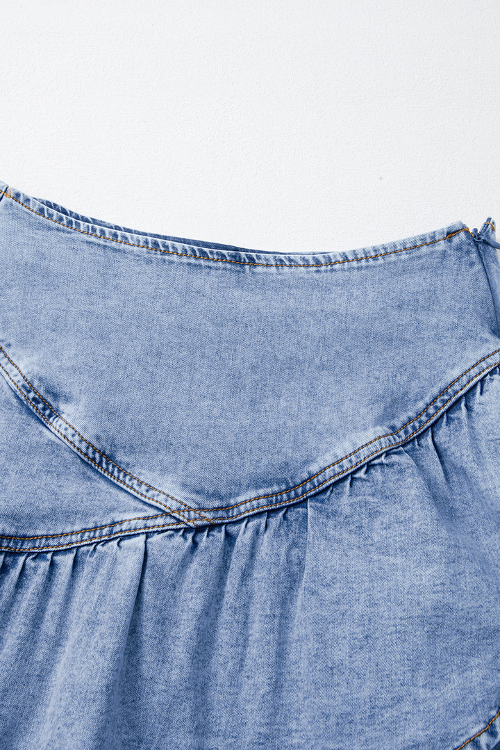 Beau Blue Asymmetric Ruffle Overlay Denim Mini Skirt