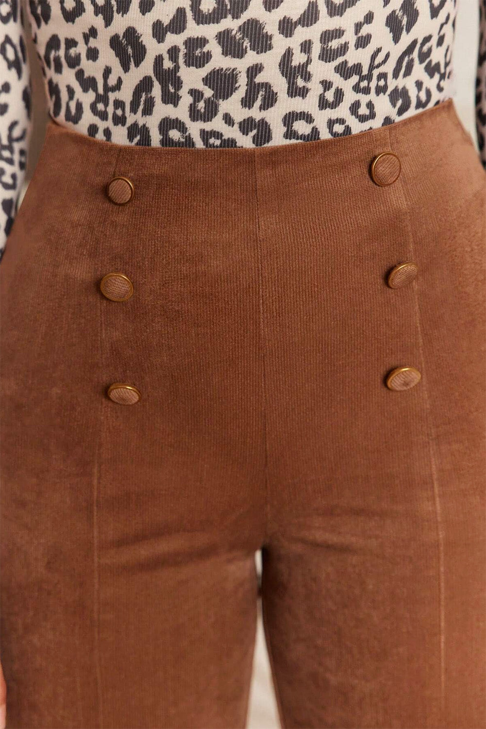 Chestnut Solid Color Double Breasted Straight Leg Pants