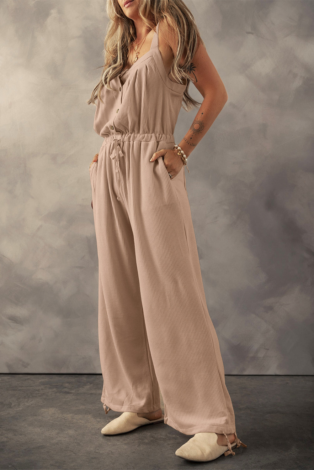 Pale Khaki Knotted Straps Button Textured Drawstring Jumpsuit