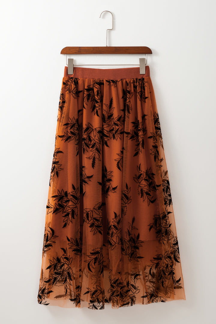 Gold Flame Floral Leaves Embroidered High Waist Maxi Skirt