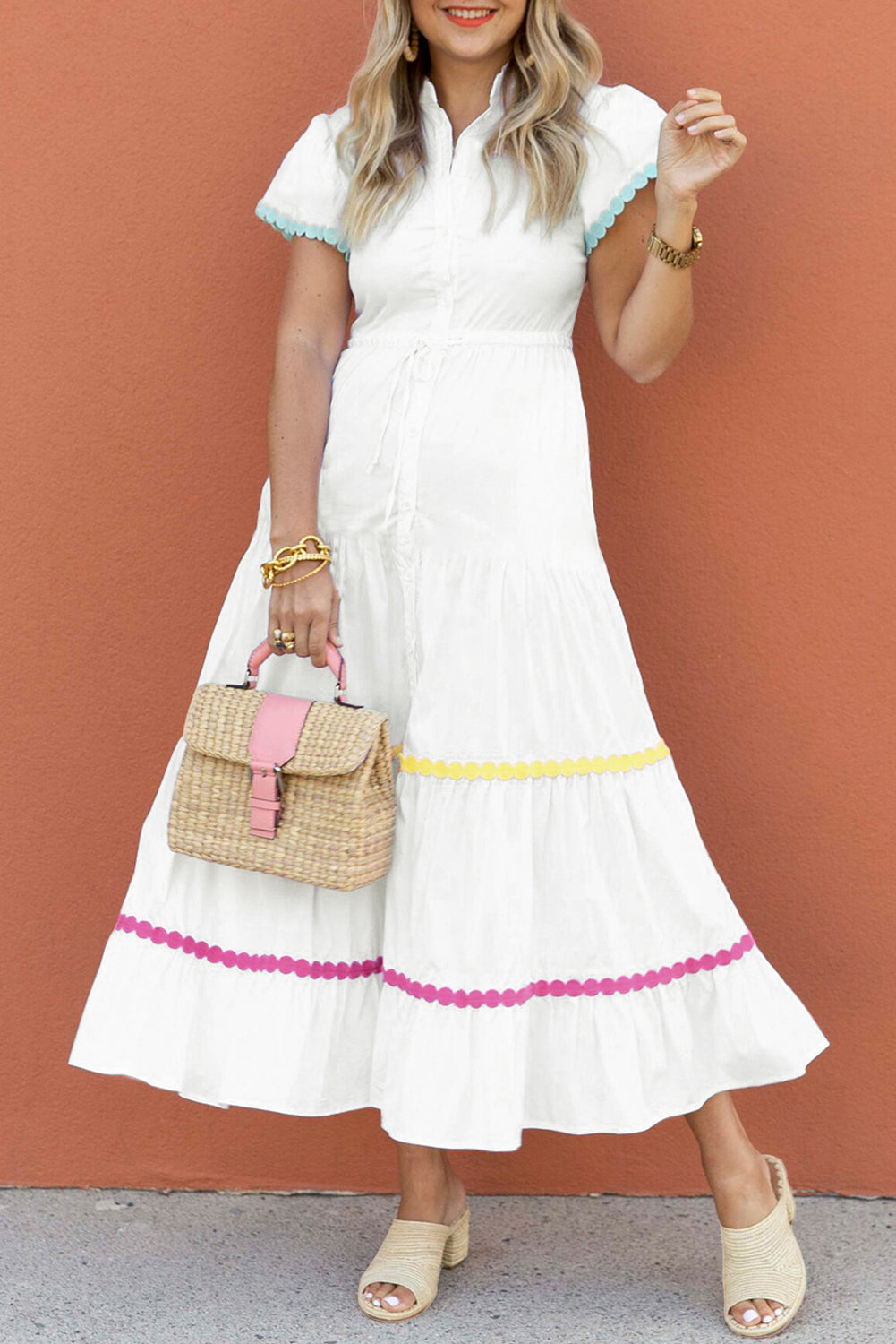 White Colorblock Rickrack Trim Short Sleeve Drawstring Waist Long Dress