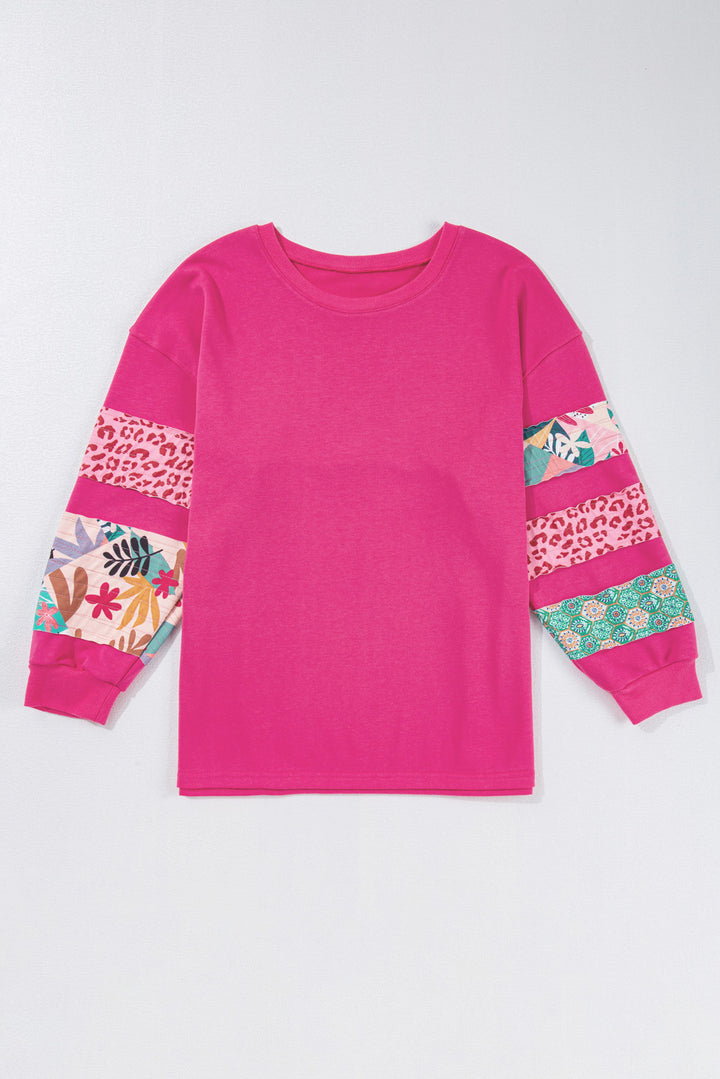 Rose Red Plus Size Printed Patchwork Sleeve Split Sweatshirt