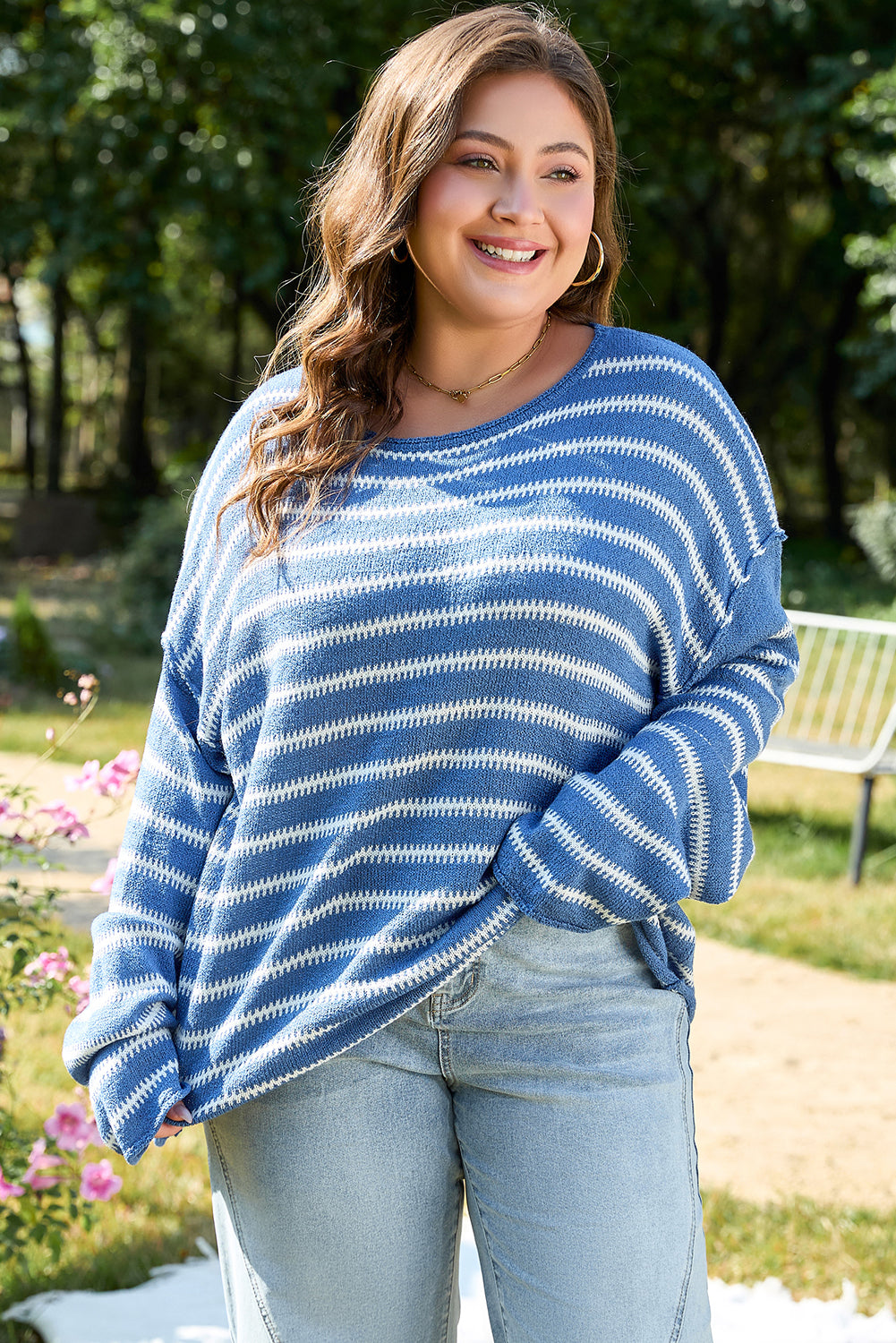 Sky Blue Stripe Drop Shoulder O Neck Plus Size Sweater