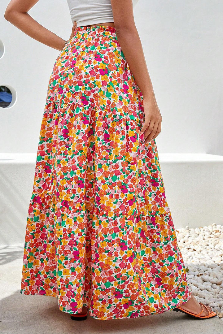 Yellow Boho Floral Print Tiered Long Skirt