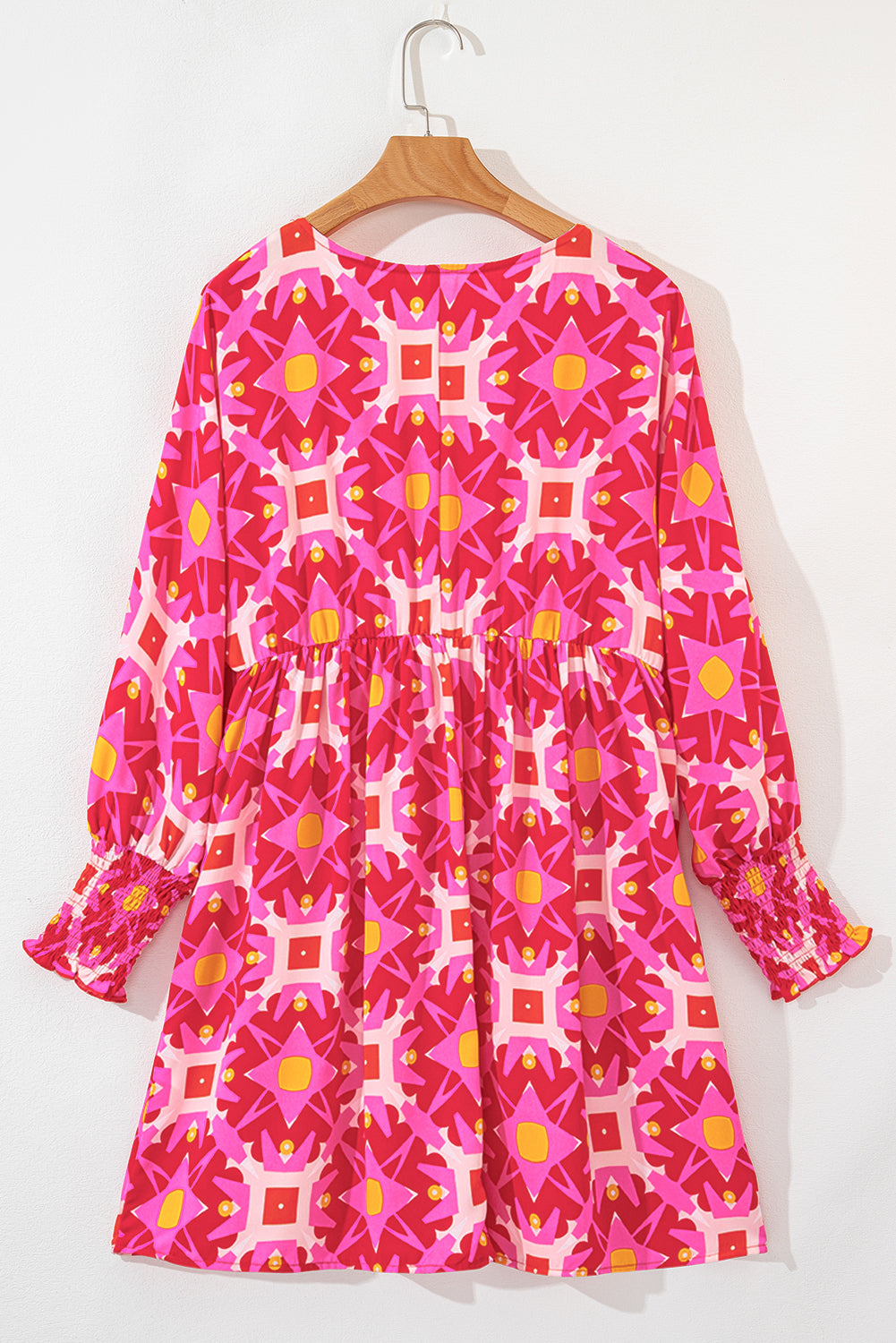 Strawberry Pink Geometric Print Smocked Long Sleeve Mini Dress