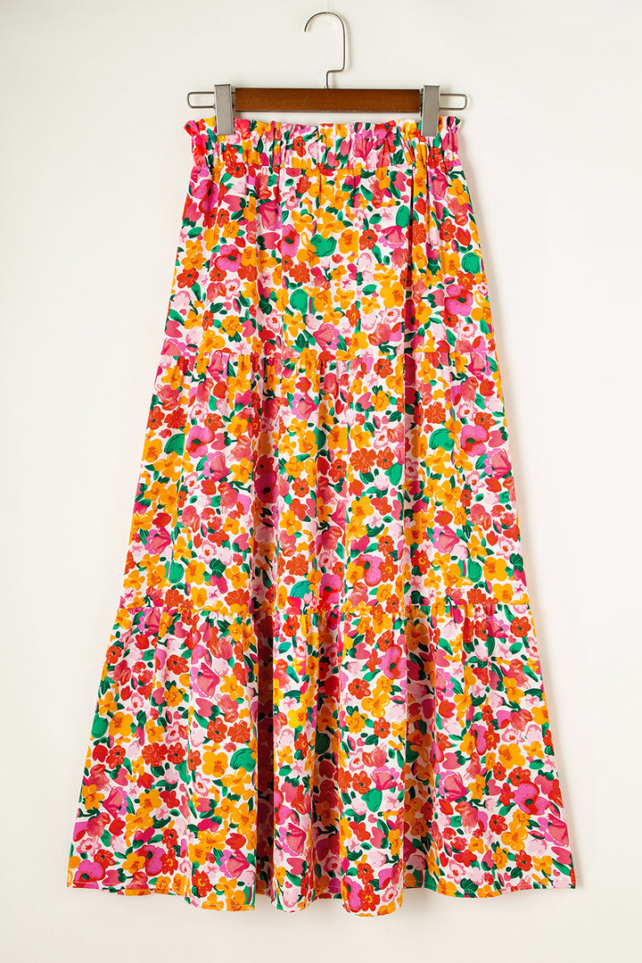 Yellow Boho Floral Print Tiered Long Skirt