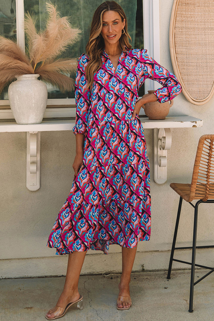 Abstract Geometric Print Long Sleeve High Waist Dress