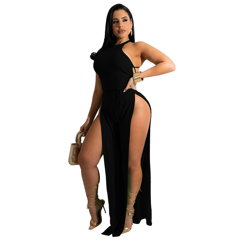 Sleeveless Lace Up Women's Pants Slit Jumpsuit