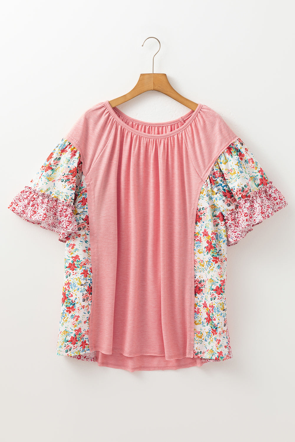 Pink Plus Size Floral Patchwork Ruffled Short Sleeve Blouse