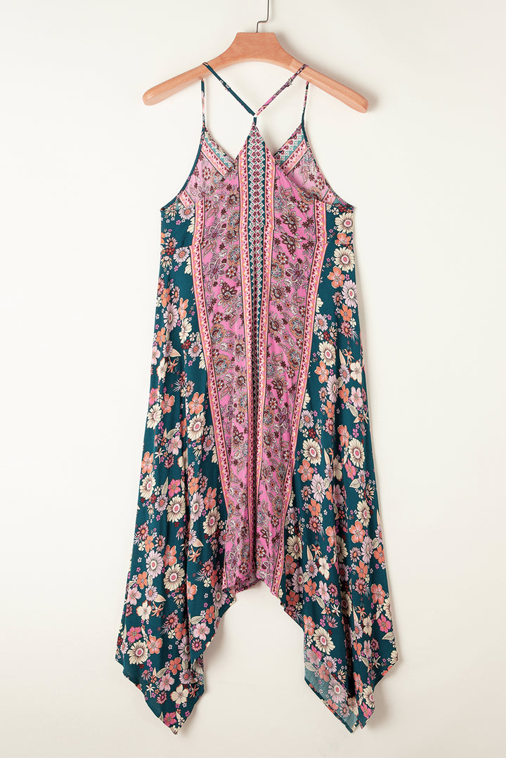 Pink Bohemian Floral Patchwork Print Long Sundress