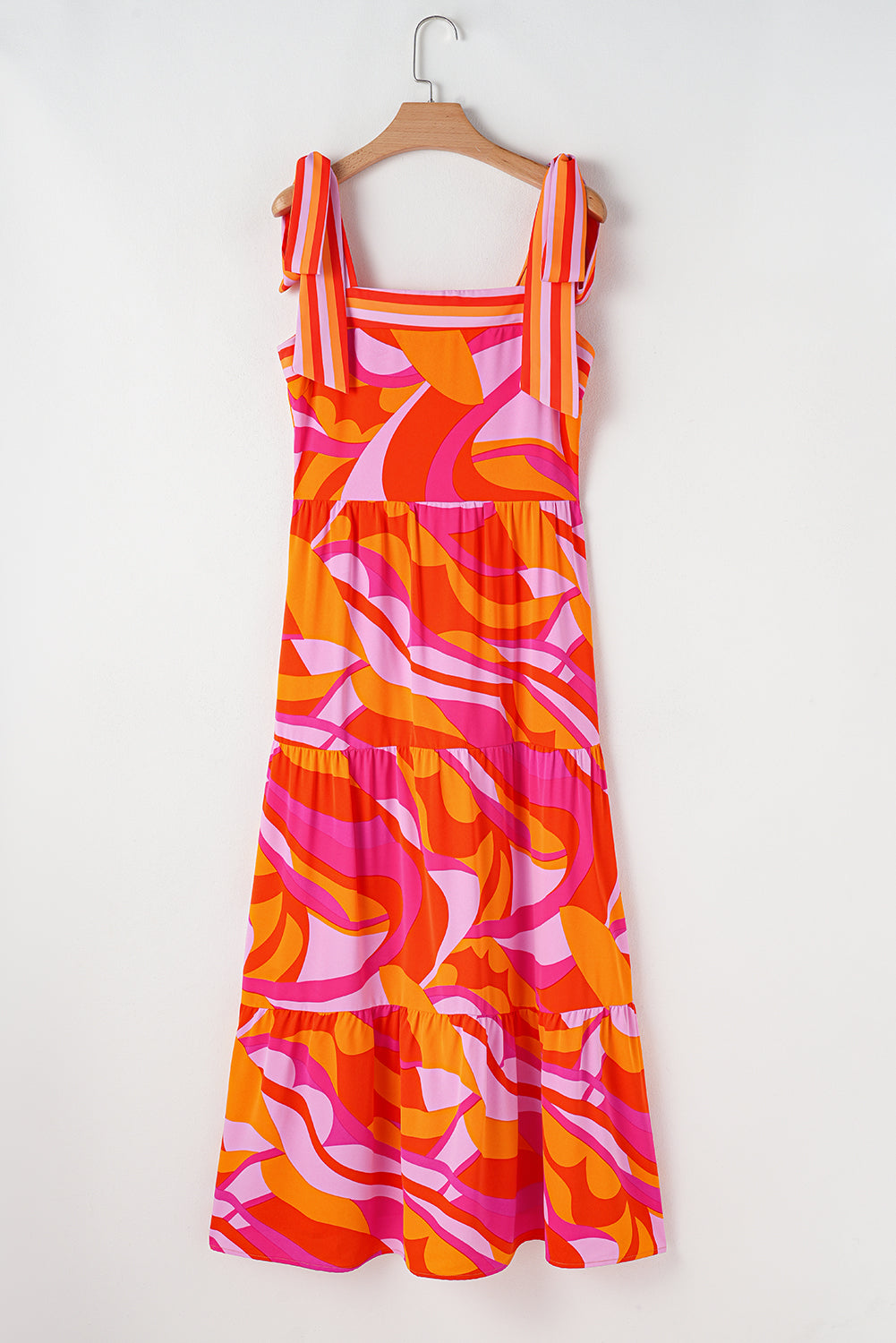 Red Abstract Print Knotted Shoulder High Waist Maxi Dress