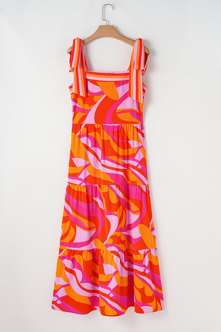 Red Abstract Print Knotted Shoulder High Waist Maxi Dress