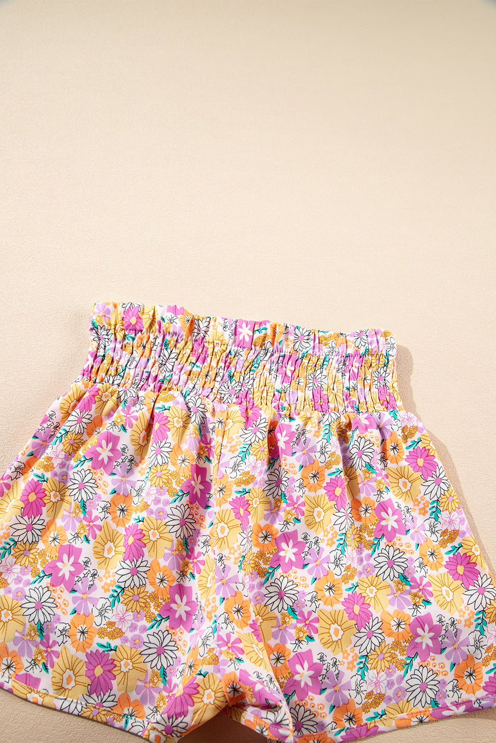 Pink Boho Floral Shirred High Waist Casual Shorts