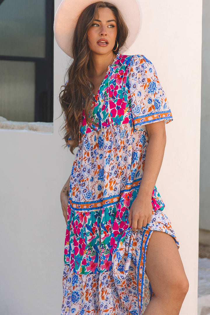 Sky Blue Mixed Floral Print Tie Split Neck Short Sleeve Dress