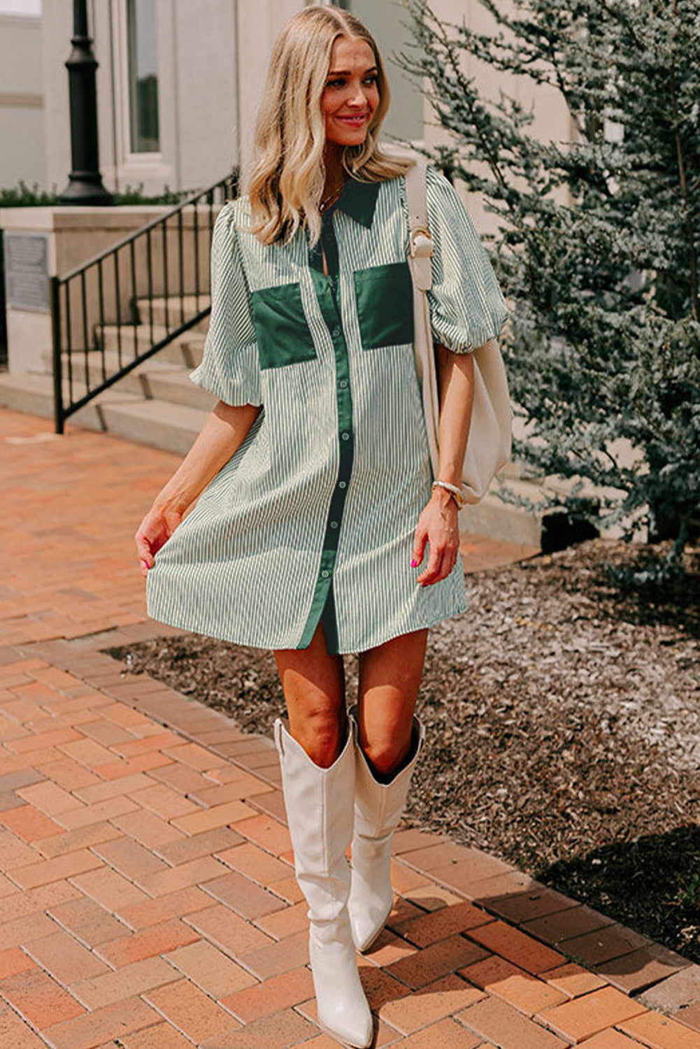 Green Patch Pockets Button Down Short Puff Sleeve Dress