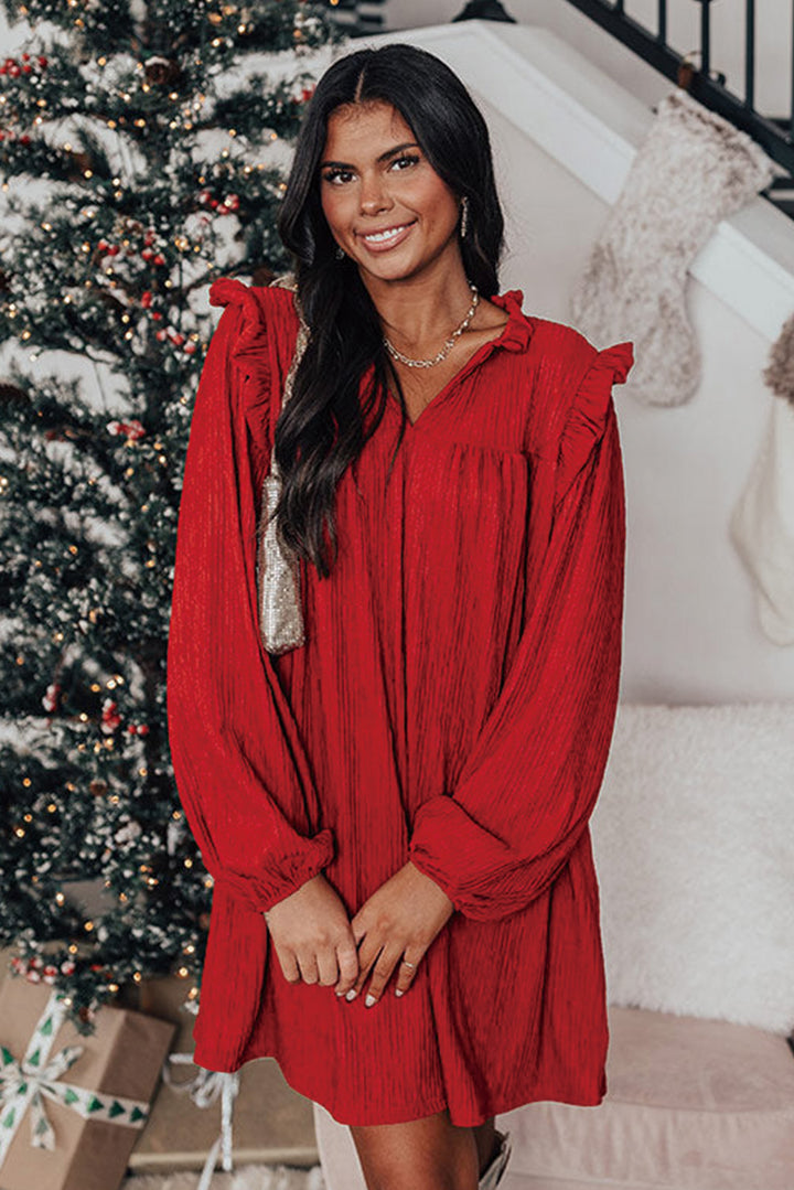 Fiery Red Textured Ruffled Trim V Neck Loose Fit Mini Dress