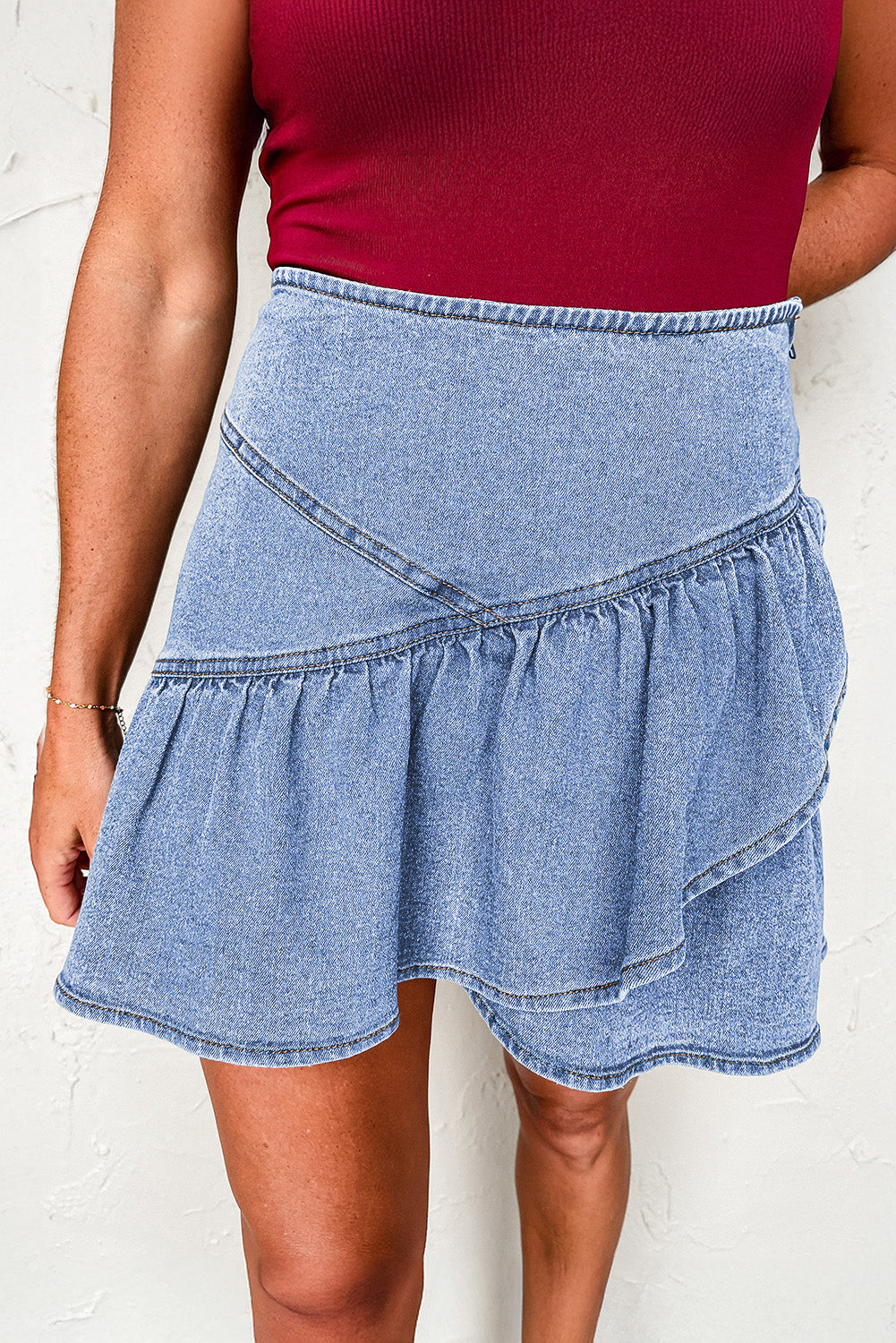 Beau Blue Asymmetric Ruffle Overlay Denim Mini Skirt